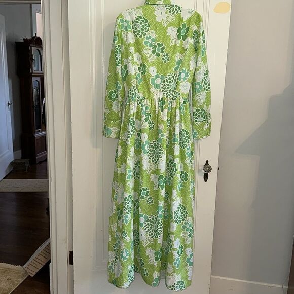 Vtg 60s Serbin of Florida Flower Power Green & White Button Front Maxi Dress - Picture 6 of 8